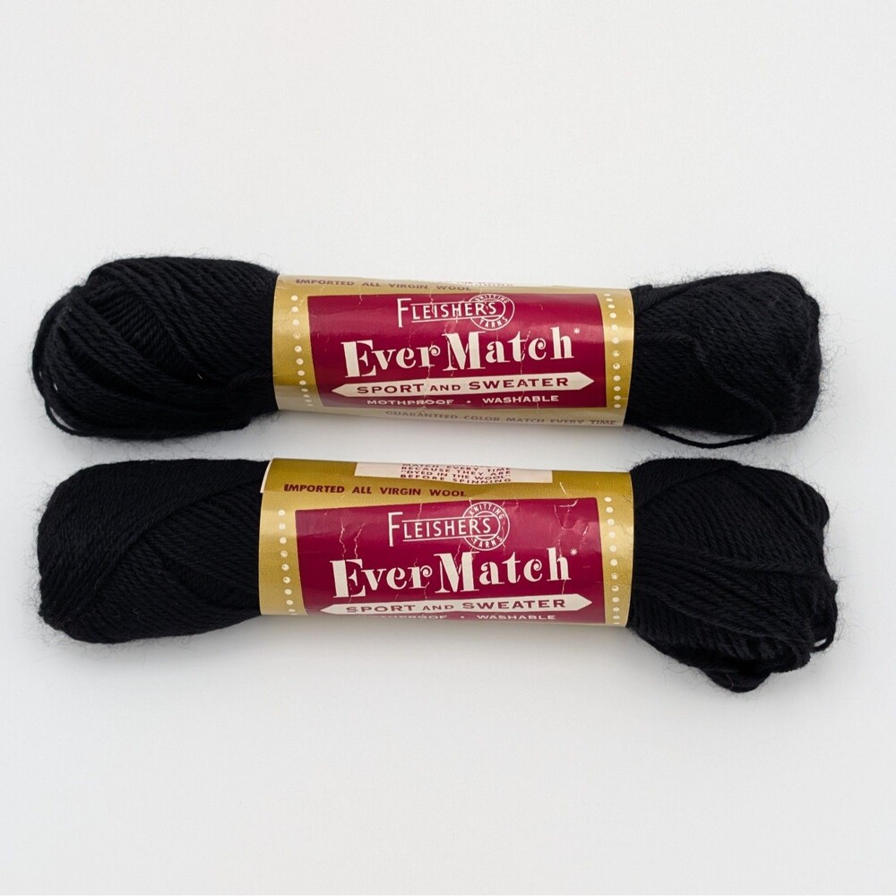 Vintage Fleisher's Ever Match Virgin Wool Yarn Skeins 2 Black 428 Sport Sweater